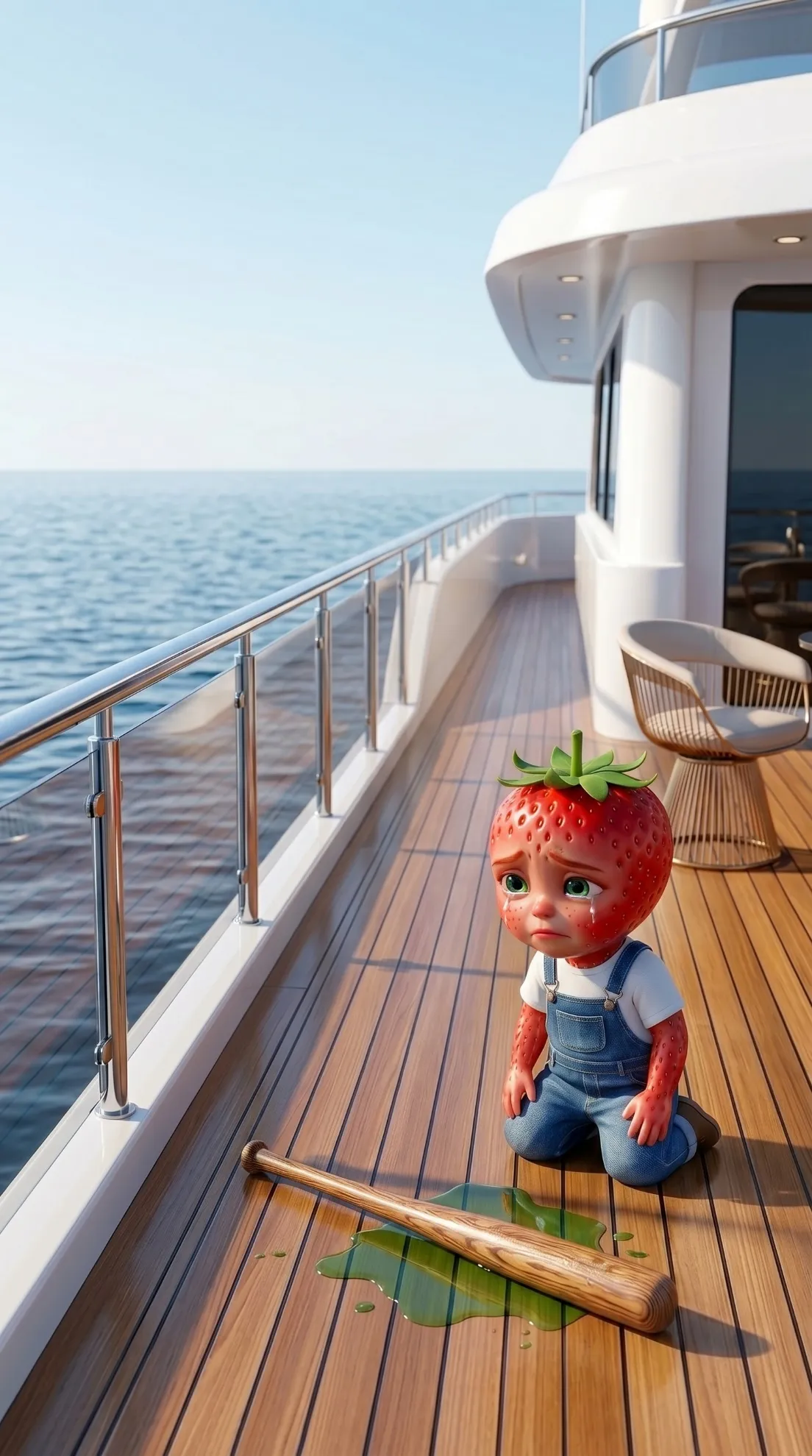 Pushed Overboard AI story prompts 3D Pixar style fruit characters