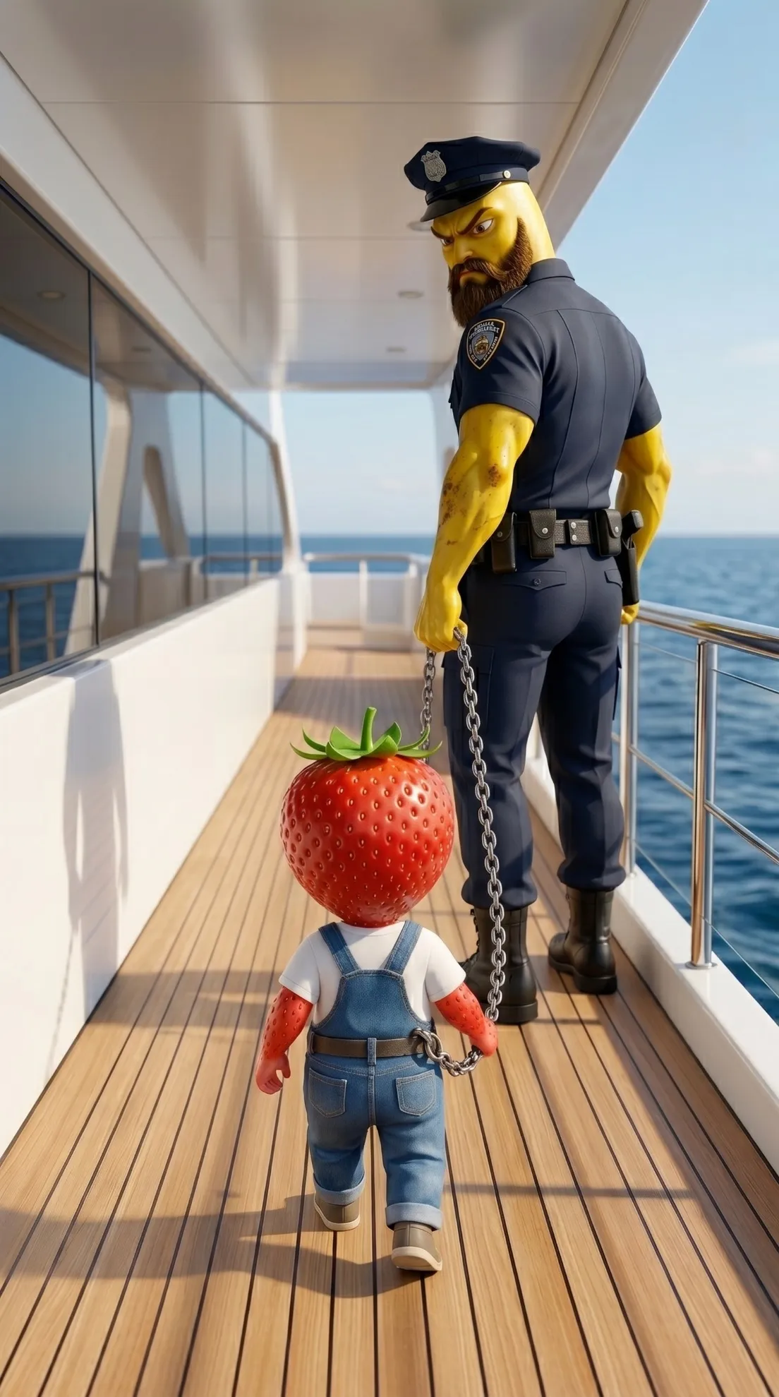 Pushed Overboard AI story Baby Strawberry arrested by Banana police officer 3D Pixar style