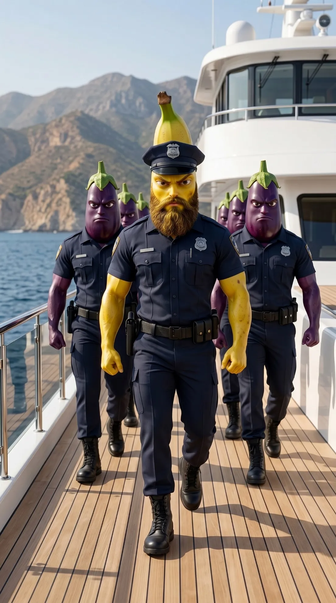 Pushed Overboard AI story Banana police officer team yacht deck 3D Pixar style