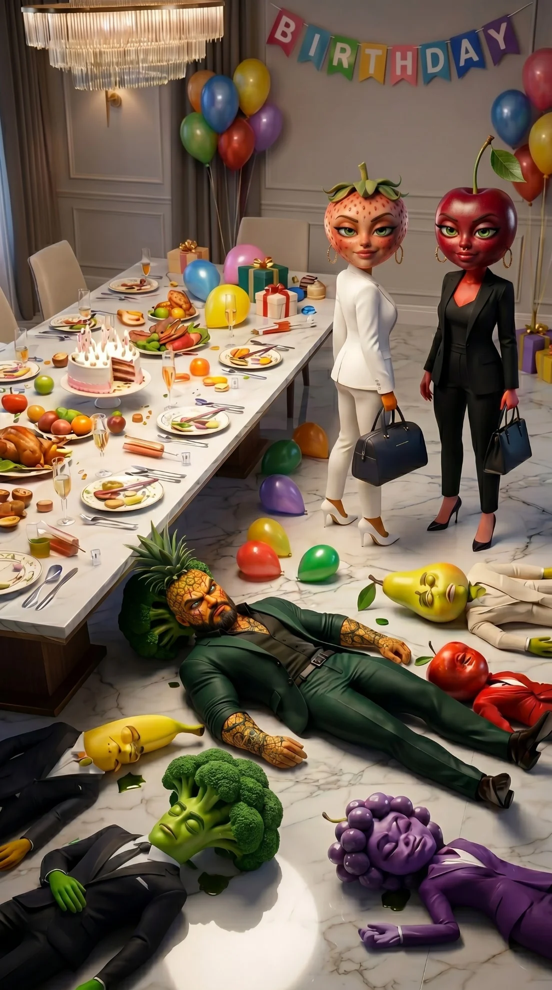 The Birthday Escape AI story prompts 3D Pixar style fruit characters