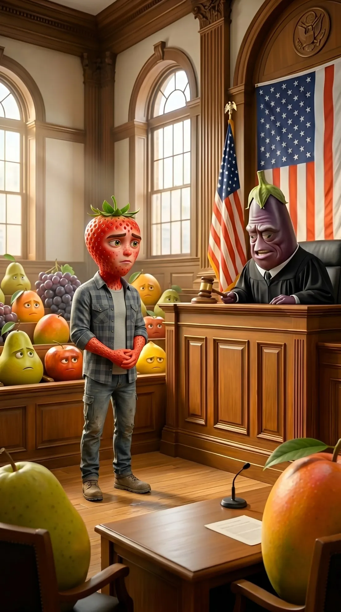 The Corrupt Verdict AI story Strawberry male courtroom defense 3D Pixar style
