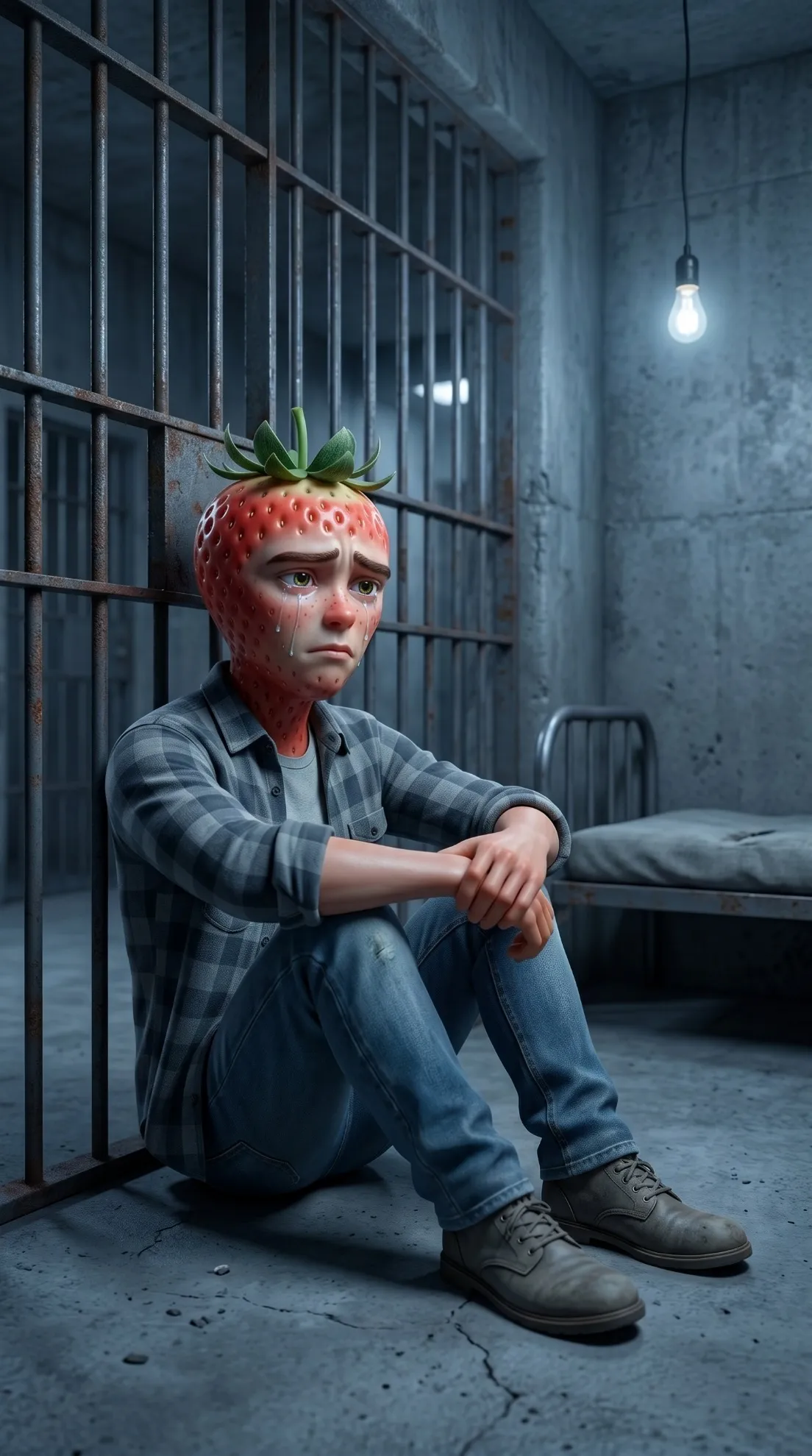 The Corrupt Verdict AI story Strawberry male crying prison cell 3D Pixar style