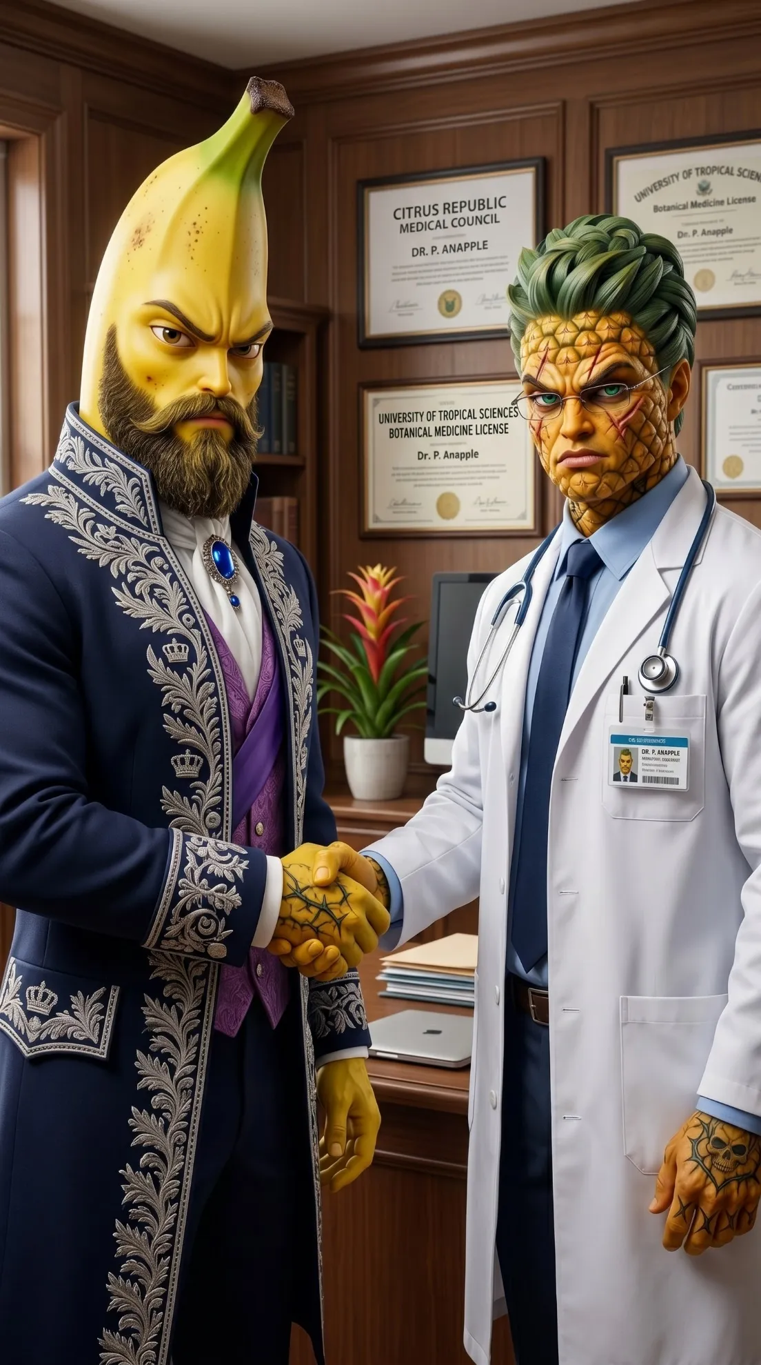 The Fallen Queen AI story Banana Boss confronts doctor office 3D scene