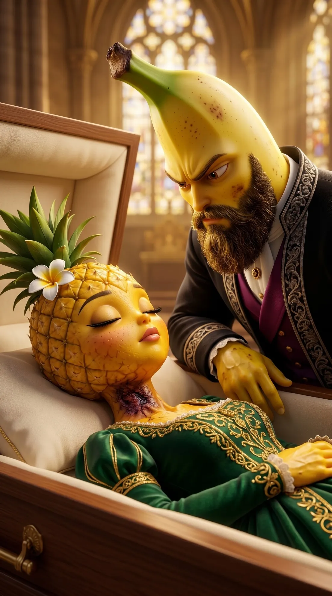 The Fallen Queen AI story Banana Boss examines wound coffin 3D scene