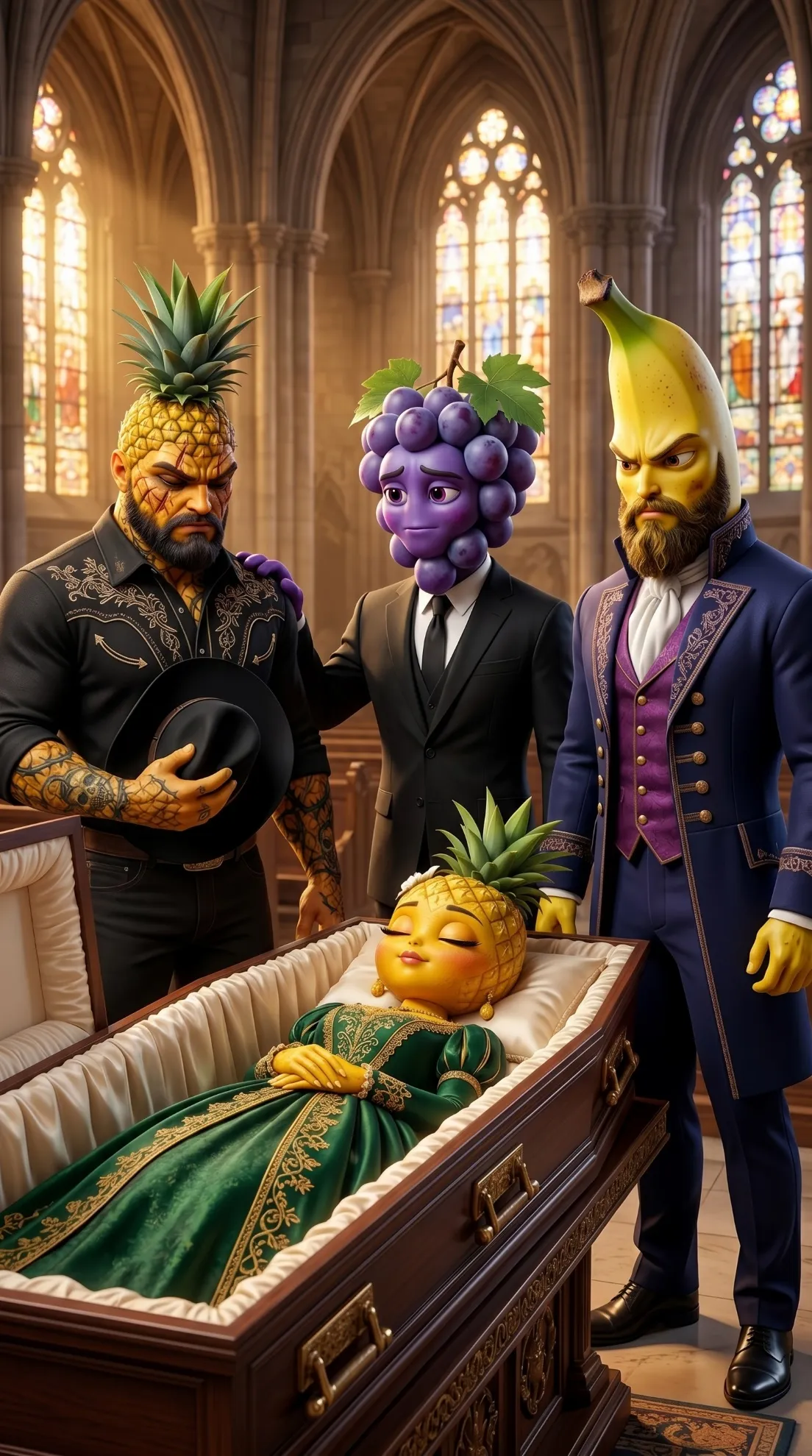 The Fallen Queen AI story prompts 3D Pixar style fruit characters