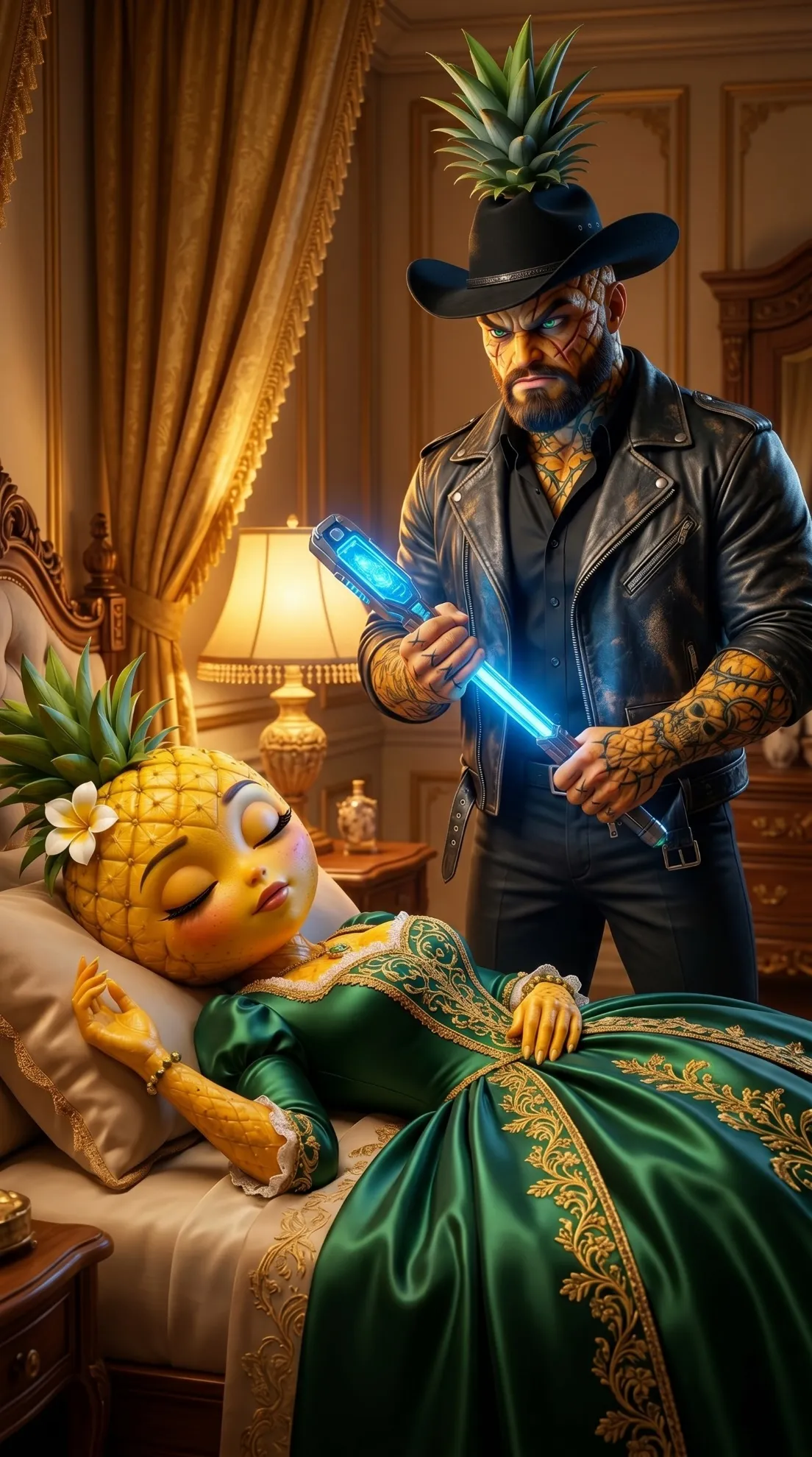 The Fallen Queen AI story Pineapple male murder bedroom 3D scene
