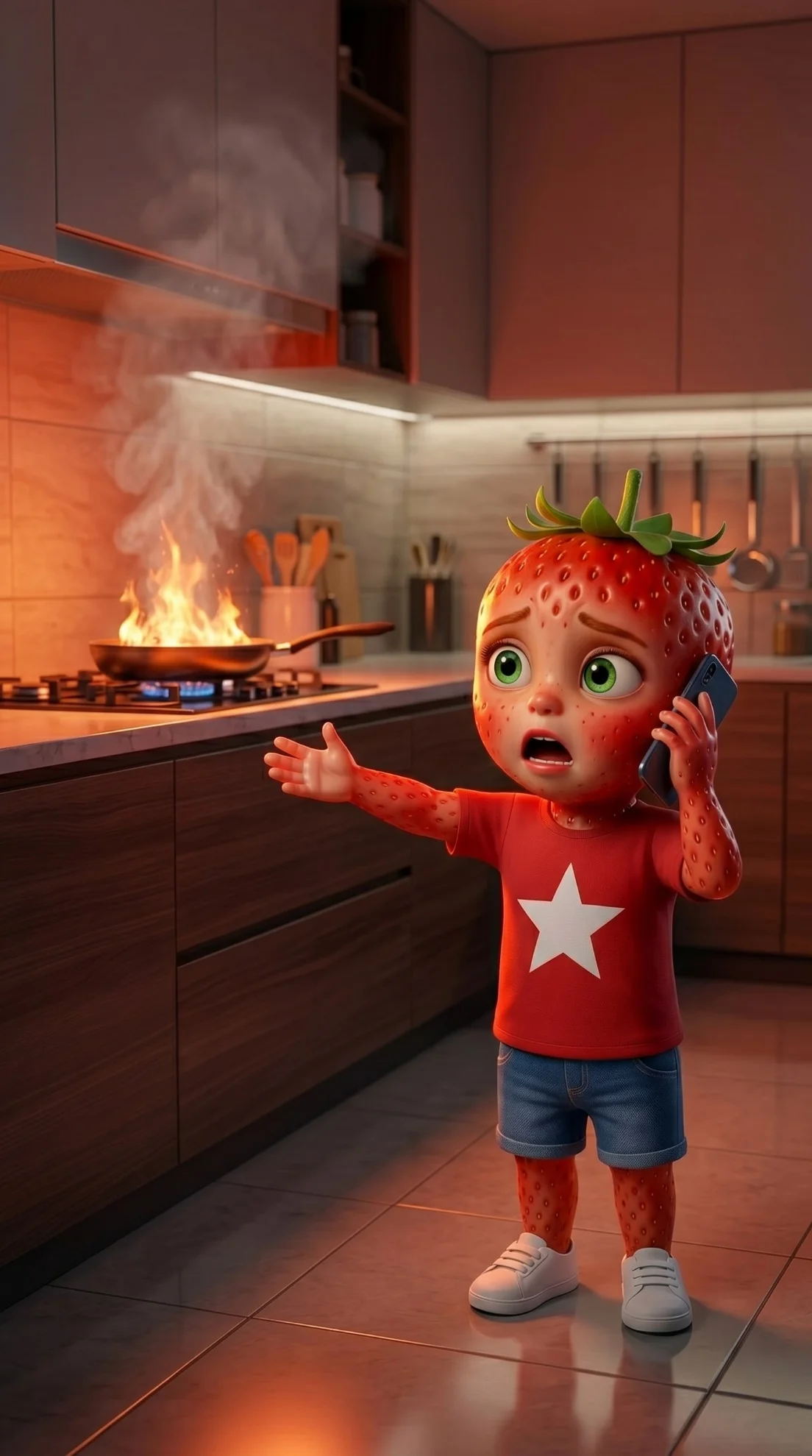 The Kitchen Inferno AI story emergency call 3D Pixar style