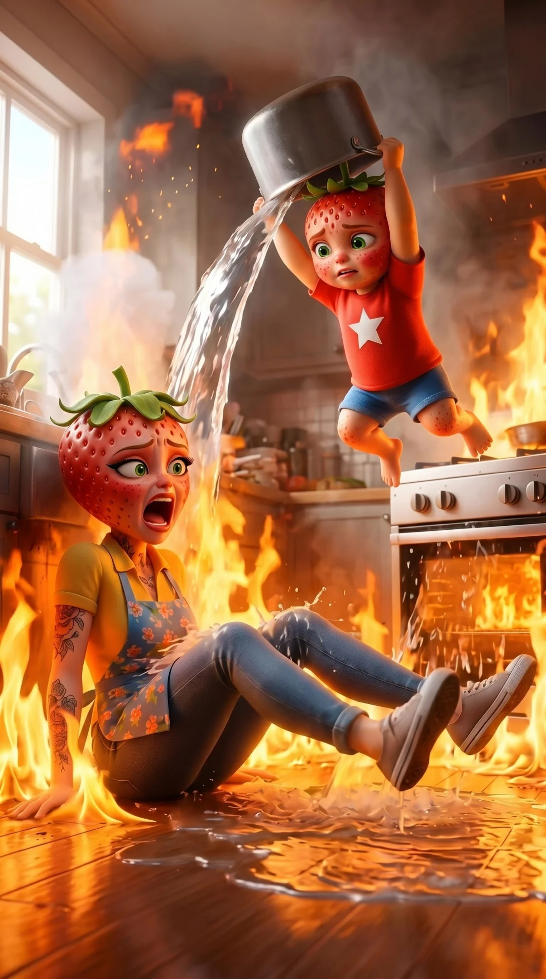 The Kitchen Inferno AI story prompts 3D Pixar style fruit characters