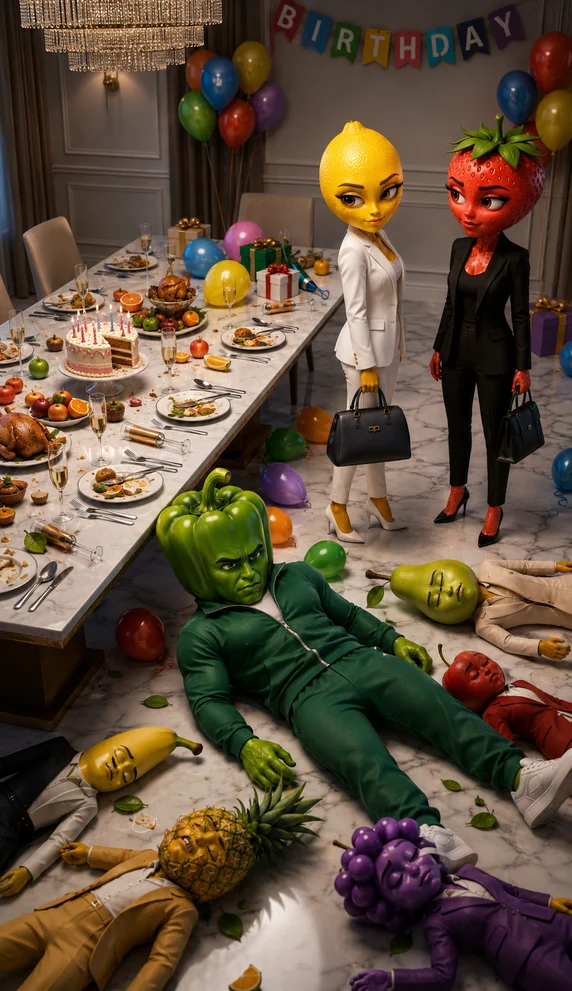 The Pepper Tyrant AI story prompts 3D Pixar style fruit characters