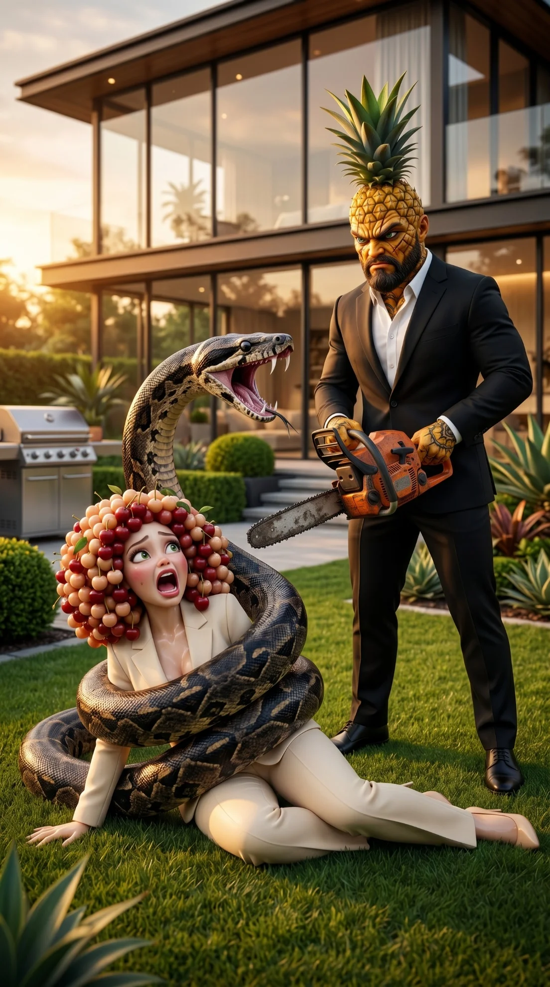 The Serpent's Miracle AI story prompts 3D Pixar style fruit characters