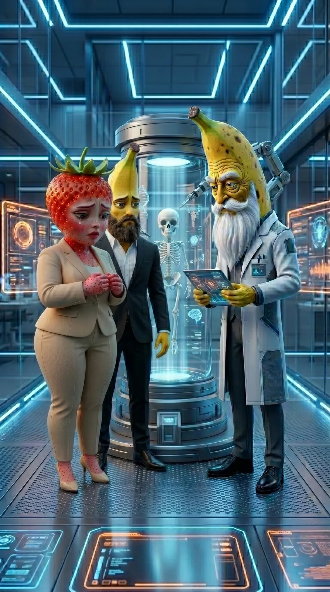 The Serpent's Strike AI story baby skeleton machine transformation lab 3D Pixar style