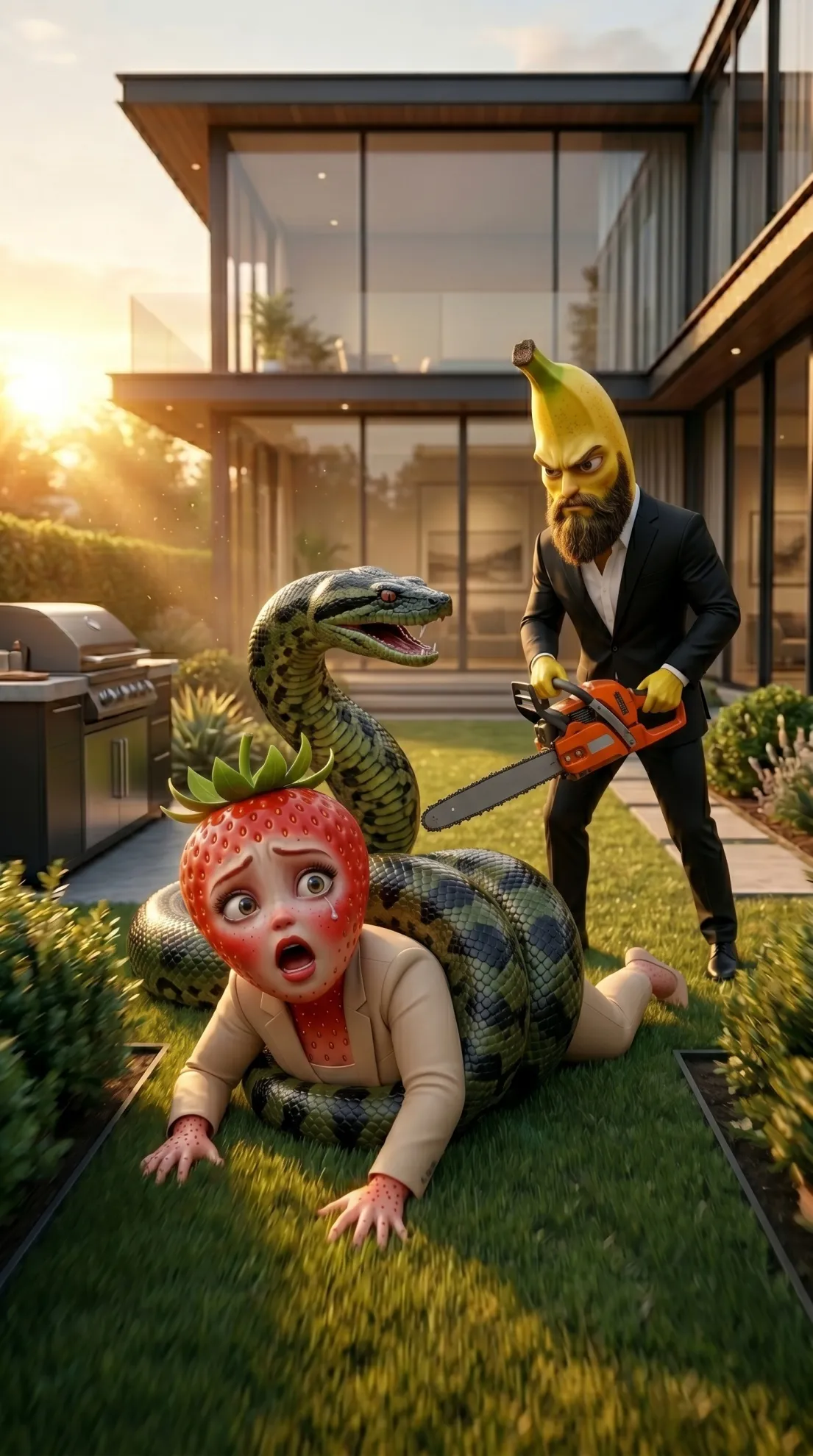 The Serpent's Strike AI story banana man chainsaw rescue 3D Pixar style