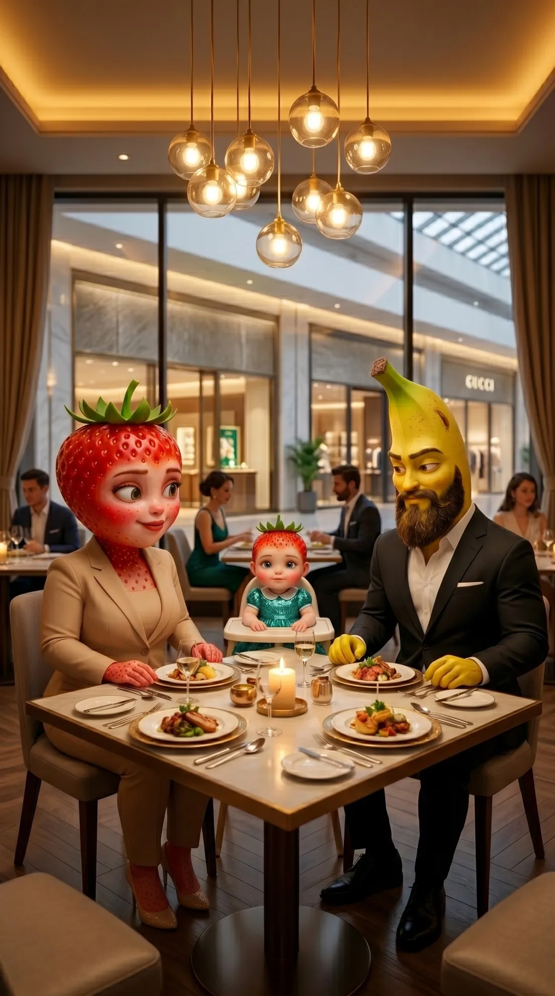 The Serpent's Strike AI story fruit family dinner restaurant happy 3D Pixar style