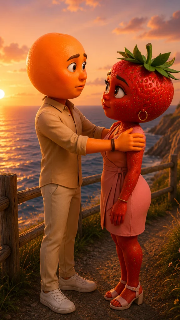 The Sinister Proposal AI story prompts 3D Pixar style fruit characters
