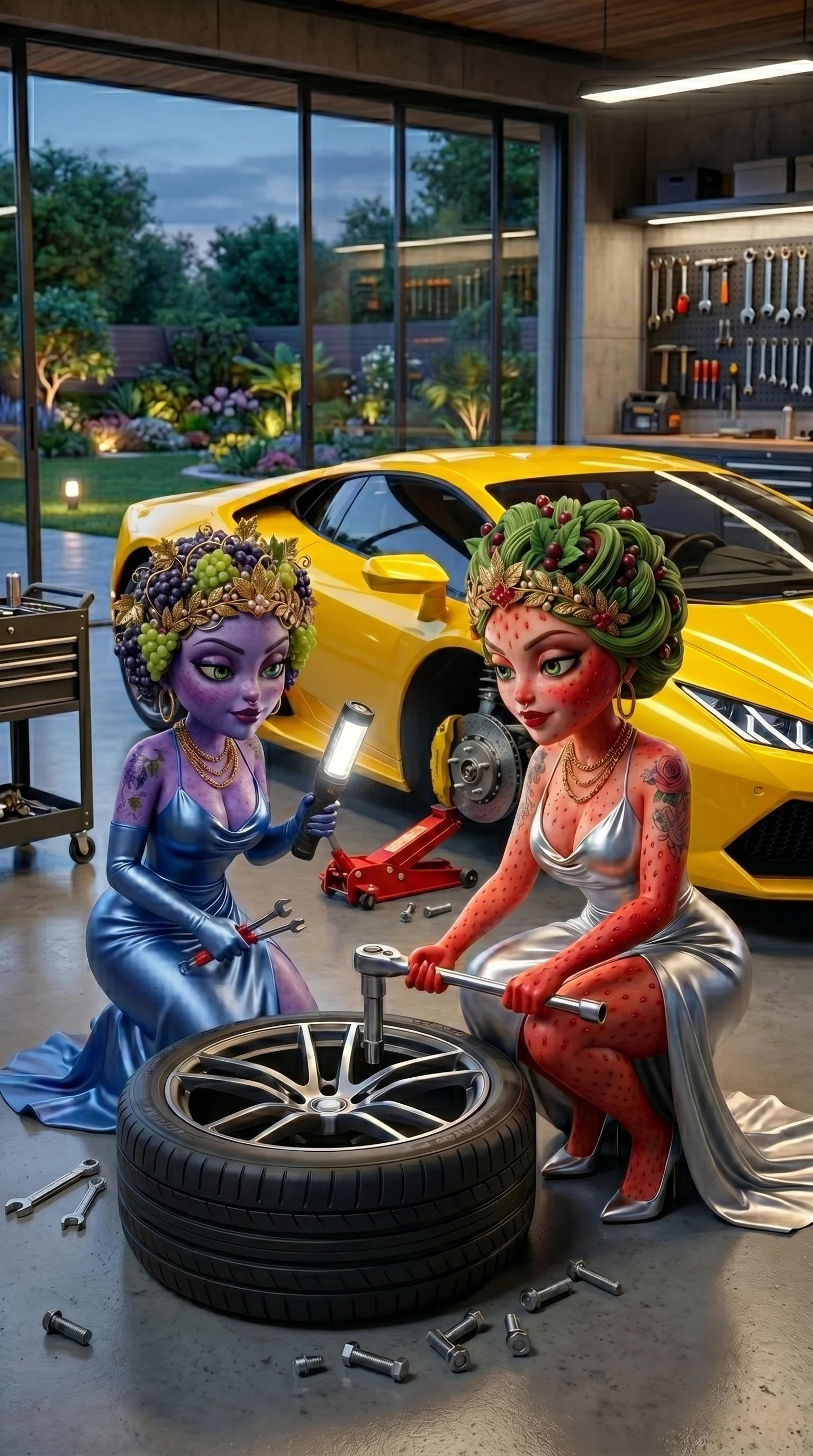 The Tire Trap AI story prompts 3D Pixar style fruit characters